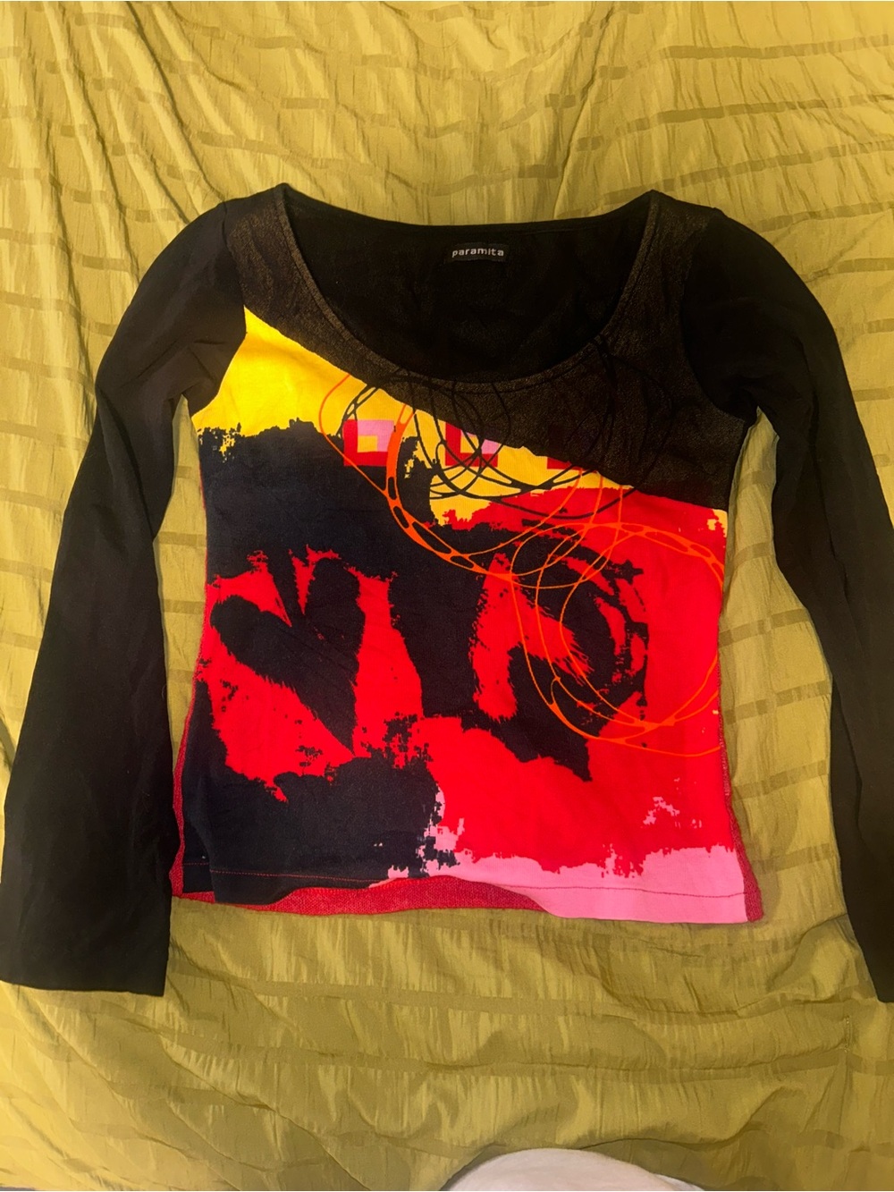 Paramita Black Long-Sleeve Abstract Print Top - Red/Yellow